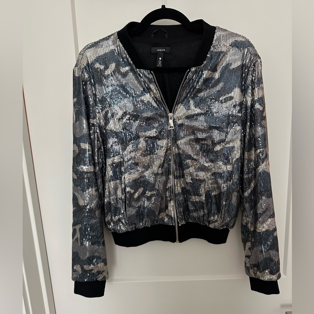 Aqua sequin bomber jacket